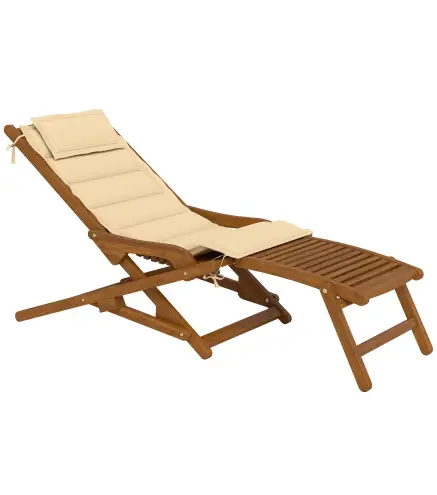Tumbona Silla Plegable de Madera con Reposapiés Desmontable y Cojín con Reposacabezas Carga 160 kg 158x61x70 cm Beige