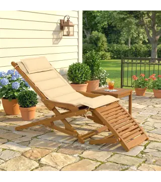 Tumbona Silla Plegable de Madera con Reposapiés Desmontable y Cojín con Reposacabezas Carga 160 kg 158x61x70 cm Beige