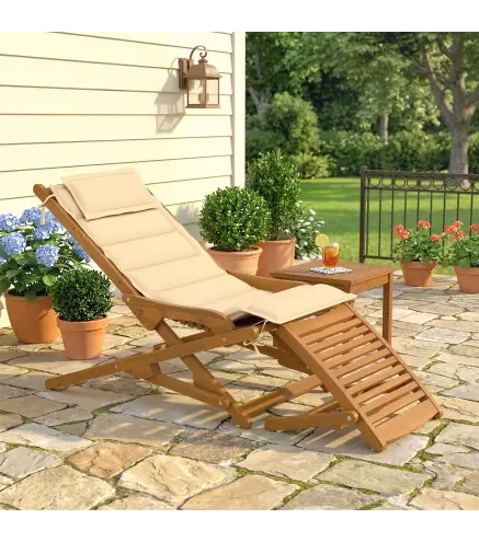 Tumbona Silla Plegable de Madera con Reposapiés Desmontable y Cojín con Reposacabezas Carga 160 kg 158x61x70 cm Beige