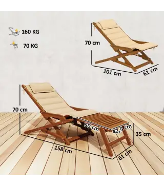 Tumbona Silla Plegable de Madera con Reposapiés Desmontable y Cojín con Reposacabezas Carga 160 kg 158x61x70 cm Beige