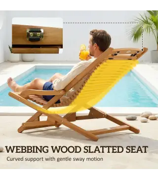 Tumbona Silla Plegable de Madera con Reposapiés Desmontable y Cojín con Reposacabezas Carga 160 kg 158x61x70 cm Beige