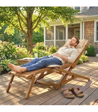 Tumbona Silla Plegable de Madera con Reposapiés Desmontable y Cojín con Reposacabezas Carga 160 kg 158x61x70 cm Beige