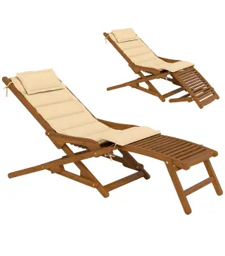 Tumbona Silla Plegable de Madera con Reposapiés Desmontable y Cojín con Reposacabezas Carga 160 kg 158x61x70 cm Beige