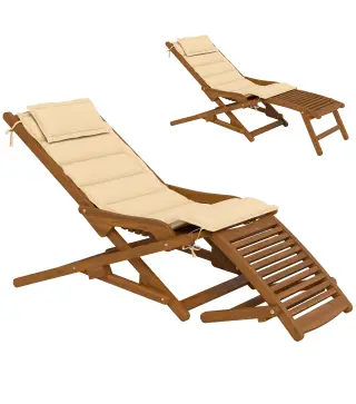 Tumbona Silla Plegable de Madera con Reposapiés Desmontable y Cojín con Reposacabezas Carga 160 kg 158x61x70 cm Beige