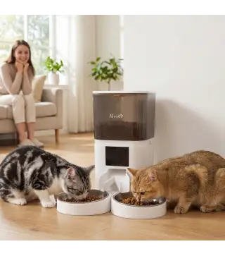 Comedero Automático 6L WiFi 2.4G con Control App 2 Cuencos Programable 1-10 Comidas Grabadora Voz 10s Fácil de Limpiar