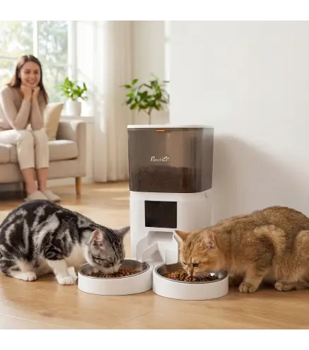 Comedero Automático 6L WiFi 2.4G con Control App 2 Cuencos Programable 1-10 Comidas Grabadora Voz 10s Fácil de Limpiar