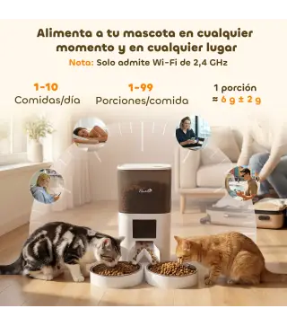 Comedero Automático 6L WiFi 2.4G con Control App 2 Cuencos Programable 1-10 Comidas Grabadora Voz 10s Fácil de Limpiar