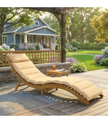 Tumbona Plegable de Madera de Acacia con Cojín Reposacabezas Asa de Transporte para Jardín Terraza 183x54x63 cm Beige