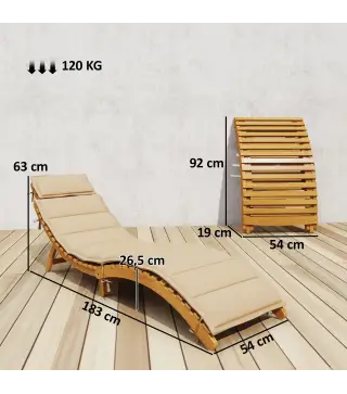 Tumbona Plegable de Madera de Acacia con Cojín Reposacabezas Asa de Transporte para Jardín Terraza 183x54x63 cm Beige