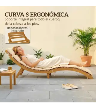 Tumbona Plegable de Madera de Acacia con Cojín Reposacabezas Asa de Transporte para Jardín Terraza 183x54x63 cm Beige