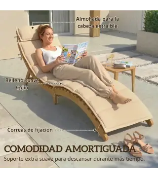 Tumbona Plegable de Madera de Acacia con Cojín Reposacabezas Asa de Transporte para Jardín Terraza 183x54x63 cm Beige