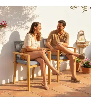 Juego de 2 Sillas de Jardín Exterior de Madera Apilables con Cojines Desmontables Brazos Respaldo 59x55x86 cm Natural