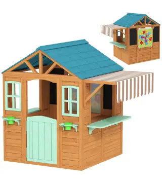 Casita Infantil Exterior e Interior de Madera con Barra de Snack Maceteros Pizarra Ventanas Tela para Tiro y 4 Pelotas