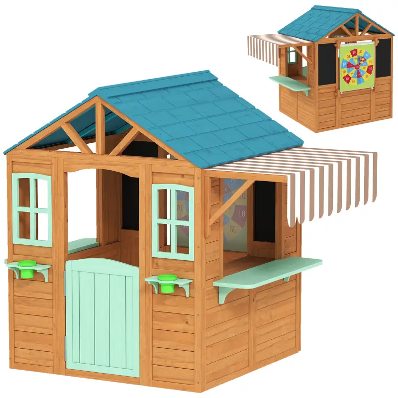 Casita Infantil Exterior e Interior de Madera con Barra de Snack Maceteros Pizarra Ventanas Tela para Tiro y 4 Pelotas