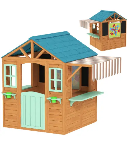 Casita Infantil Exterior e Interior de Madera con Barra de Snack Maceteros Pizarra Ventanas Tela para Tiro y 4 Pelotas