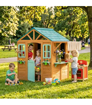 Casita Infantil Exterior e Interior de Madera con Barra de Snack Maceteros Pizarra Ventanas Tela para Tiro y 4 Pelotas