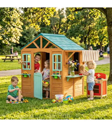 Casita Infantil Exterior e Interior de Madera con Barra de Snack Maceteros Pizarra Ventanas Tela para Tiro y 4 Pelotas