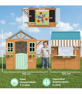 Casita Infantil Exterior e Interior de Madera con Barra de Snack Maceteros Pizarra Ventanas Tela para Tiro y 4 Pelotas
