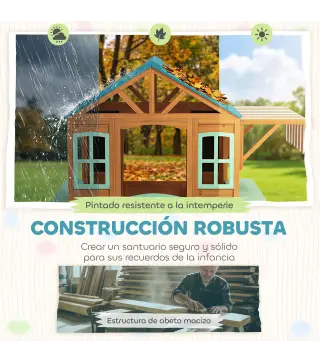 Casita Infantil Exterior e Interior de Madera con Barra de Snack Maceteros Pizarra Ventanas Tela para Tiro y 4 Pelotas
