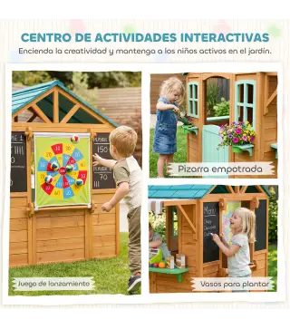 Casita Infantil Exterior e Interior de Madera con Barra de Snack Maceteros Pizarra Ventanas Tela para Tiro y 4 Pelotas