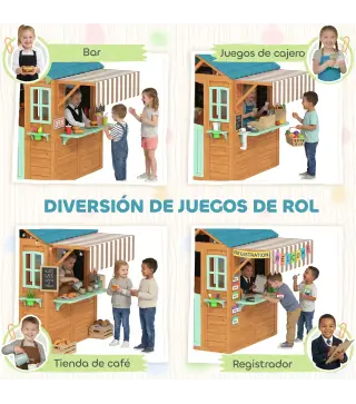 Casita Infantil Exterior e Interior de Madera con Barra de Snack Maceteros Pizarra Ventanas Tela para Tiro y 4 Pelotas