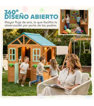 Casita Infantil Exterior e Interior de Madera con Barra de Snack Maceteros Pizarra Ventanas Tela para Tiro y 4 Pelotas
