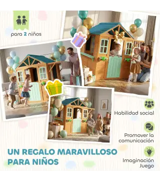 Casita Infantil Exterior e Interior de Madera con Barra de Snack Maceteros Pizarra Ventanas Tela para Tiro y 4 Pelotas