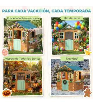 Casita Infantil Exterior e Interior de Madera con Barra de Snack Maceteros Pizarra Ventanas Tela para Tiro y 4 Pelotas