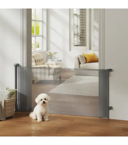 Barrera de Seguridad para Perros Retráctil Extensible hasta 180 cm de Ancho para Escaleras y Puertas Gris