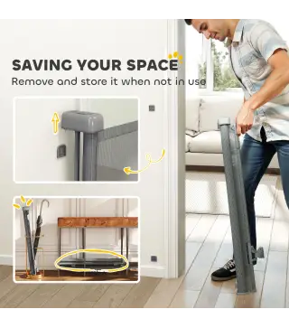 Barrera de Seguridad para Perros Retráctil Extensible hasta 180 cm de Ancho para Escaleras y Puertas Gris