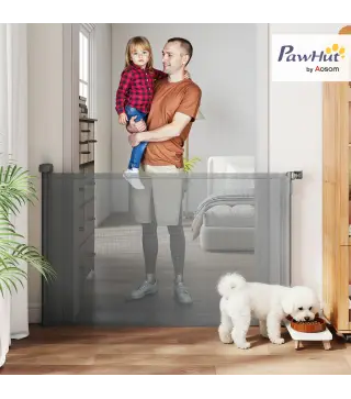 Barrera de Seguridad para Perros Retráctil Extensible hasta 140 cm de Ancho para Escaleras y Puertas Gris