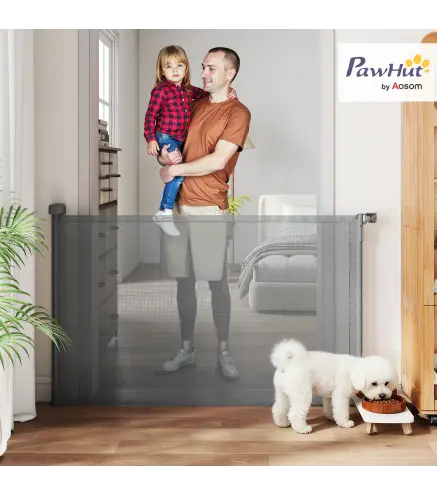Barrera de Seguridad para Perros Retráctil Extensible hasta 140 cm de Ancho para Escaleras y Puertas Gris