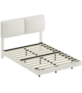 Cama Doble de 135x190 cm Somier con Cabecero Acolchado Efecto Flotante Estructura Metálica Beige