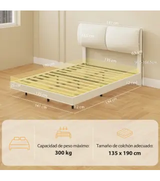 Cama Doble de 135x190 cm Somier con Cabecero Acolchado Efecto Flotante Estructura Metálica Beige