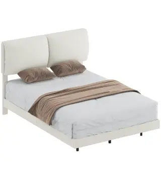 Cama Doble de 135x190 cm Somier con Cabecero Acolchado Efecto Flotante Estructura Metálica Beige