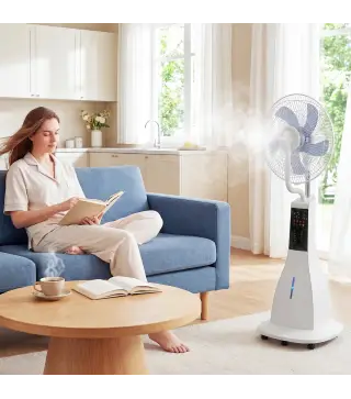 Ventilador Nebulizador 90W Oscilación de 75° 3 Velocidades 5 Aspas Depósito de Agua de 3L 5 Ruedas Control Remoto