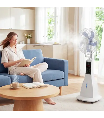 Ventilador Nebulizador 90W Oscilación de 75° 3 Velocidades 5 Aspas Depósito de Agua de 3L 5 Ruedas Control Remoto