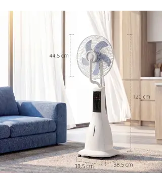 Ventilador Nebulizador 90W Oscilación de 75° 3 Velocidades 5 Aspas Depósito de Agua de 3L 5 Ruedas Control Remoto
