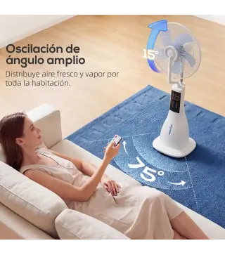 Ventilador Nebulizador 90W Oscilación de 75° 3 Velocidades 5 Aspas Depósito de Agua de 3L 5 Ruedas Control Remoto