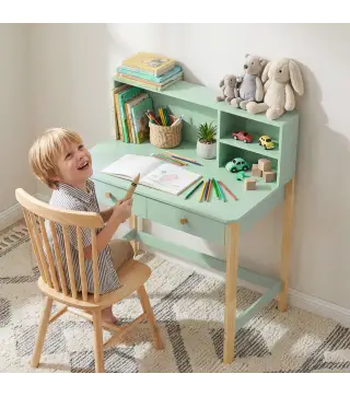 Escritorio Infantil Mesa de Escritorio para Niños con 3 Compartimentos Abiertos y 2 Cajones 90x52x105 cm Verde