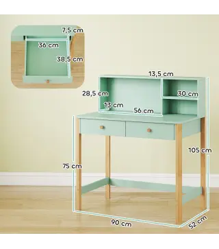 Escritorio Infantil Mesa de Escritorio para Niños con 3 Compartimentos Abiertos y 2 Cajones 90x52x105 cm Verde