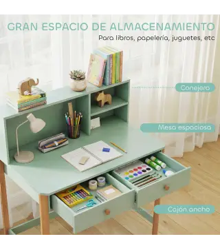 Escritorio Infantil Mesa de Escritorio para Niños con 3 Compartimentos Abiertos y 2 Cajones 90x52x105 cm Verde