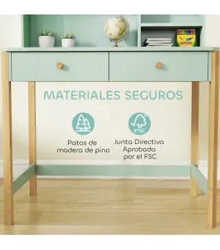 Escritorio Infantil Mesa de Escritorio para Niños con 3 Compartimentos Abiertos y 2 Cajones 90x52x105 cm Verde