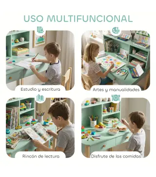 Escritorio Infantil Mesa de Escritorio para Niños con 3 Compartimentos Abiertos y 2 Cajones 90x52x105 cm Verde