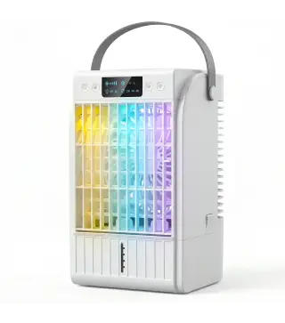 Mini Enfriador de Aire 4 en 1 con 4 Velocidades 2 Modos de Nebulización Luz LED RGB de 7 Colores Blanco