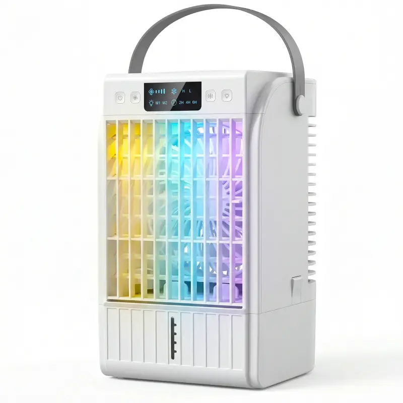 Mini Enfriador de Aire 4 en 1 con 4 Velocidades 2 Modos de Nebulización Luz LED RGB de 7 Colores Blanco