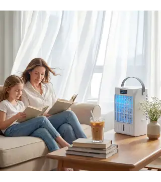 Mini Enfriador de Aire 4 en 1 con 4 Velocidades 2 Modos de Nebulización Luz LED RGB de 7 Colores Blanco