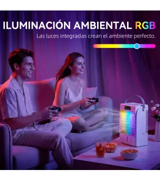 Mini Enfriador de Aire 4 en 1 con 4 Velocidades 2 Modos de Nebulización Luz LED RGB de 7 Colores Blanco