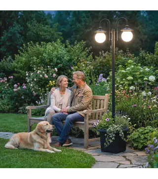Farola Solar Exterior de Jardín con Macetero 2 Cabezales Impermeable IP44 Encendido/Apagado Automático Altura Ajustable