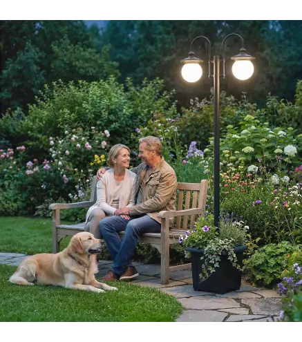 Farola Solar Exterior de Jardín con Macetero 2 Cabezales Impermeable IP44 Encendido/Apagado Automático Altura Ajustable
